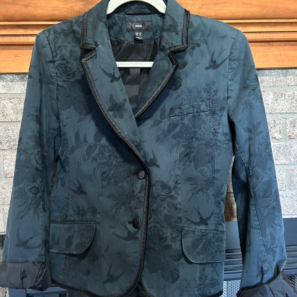 H&M Dark Teal Floral Jacquard Blazer with Bird Motif